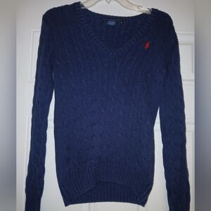 Polo Ralph Lauren Sport Cable Knit Sweater V-Neck Blue Sz M